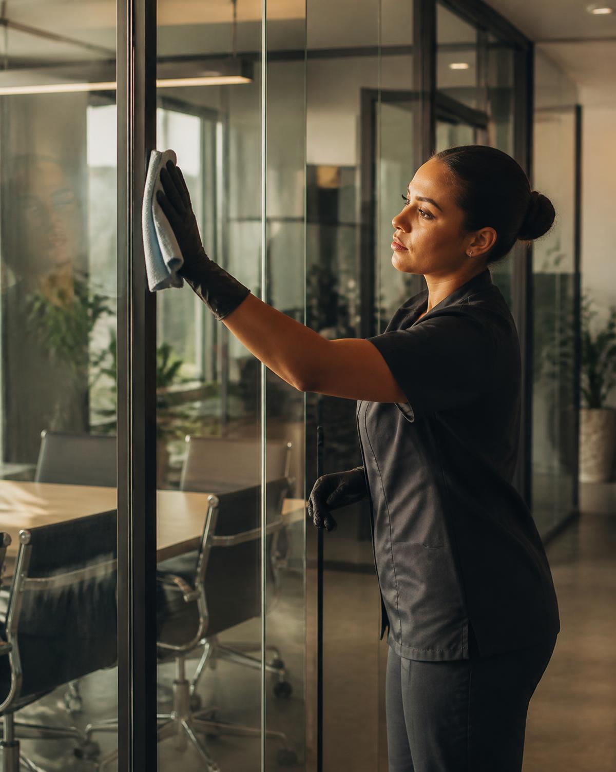 A Cheshire Luxe cleaner detailing a glass office partition